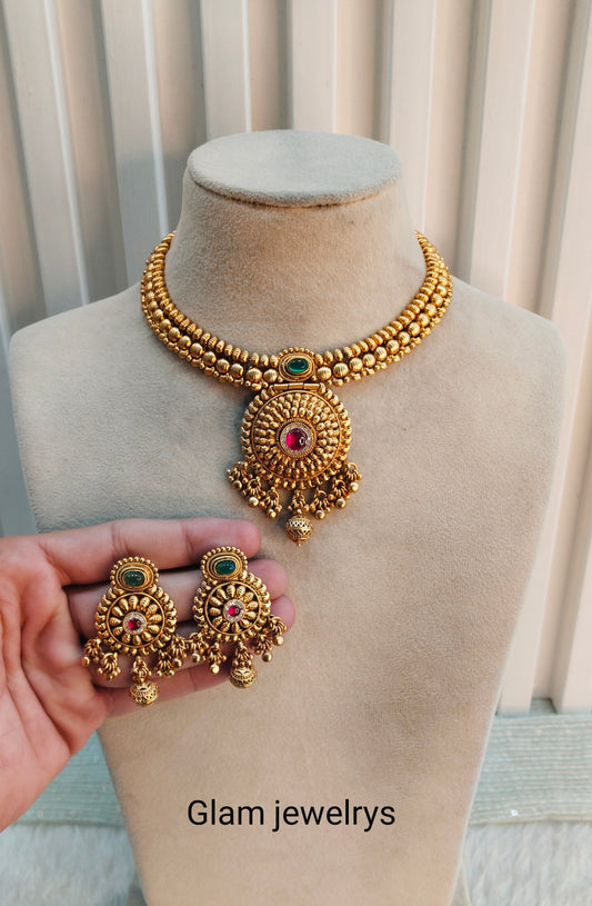 Ruby Green Gold Polki Necklace Indian Jewellery Harf Set