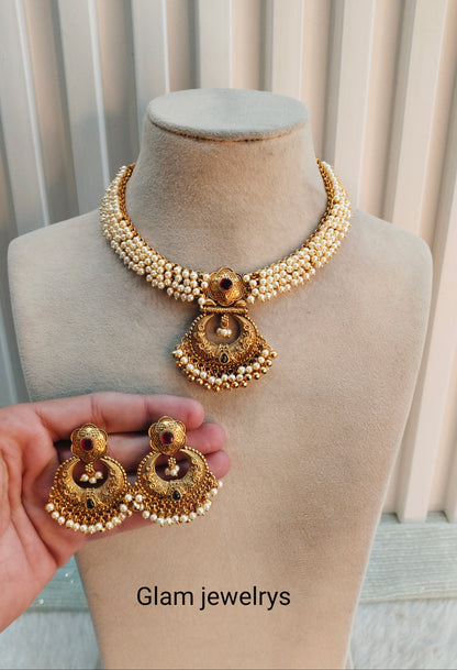 Ruby Green Gold Polki Necklace Indian Jewellery Harf Set