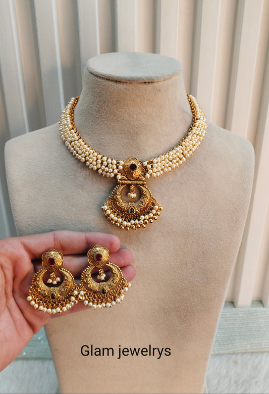 Ruby Green Gold Polki Necklace Indian Jewellery Harf Set
