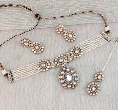 White Gold Moissanite Kundan Choker Indian Jewellery Gulab Set