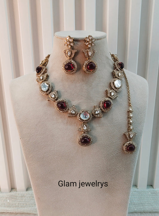Maroon Gold Moissanite Kundan Necklace Indian Jewellery Garry Set