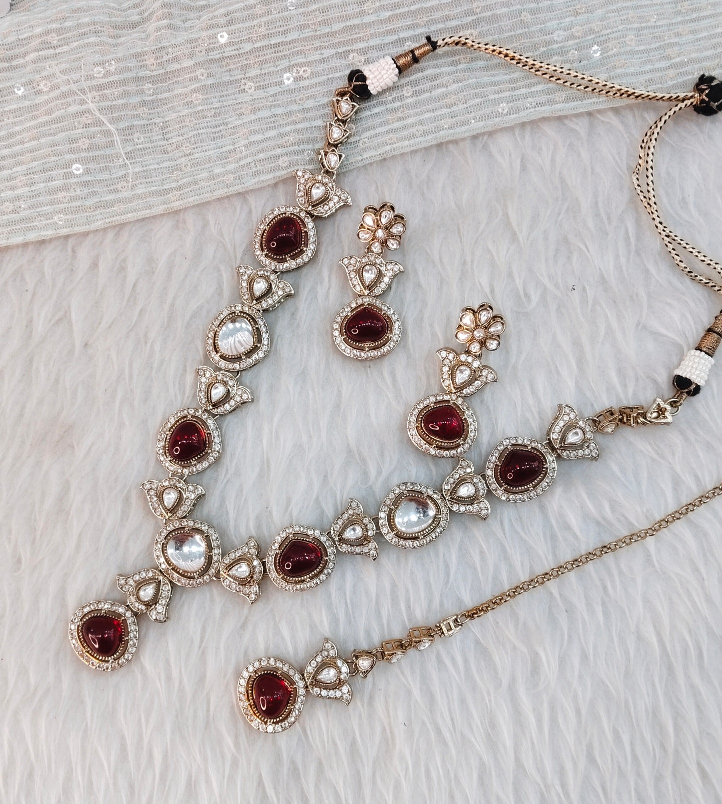 Maroon Gold Moissanite Kundan Necklace Indian Jewellery Garry Set
