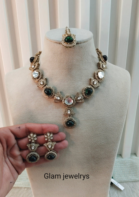 Green Gold Moissanite Kundan Necklace Indian Jewellery Garry Set