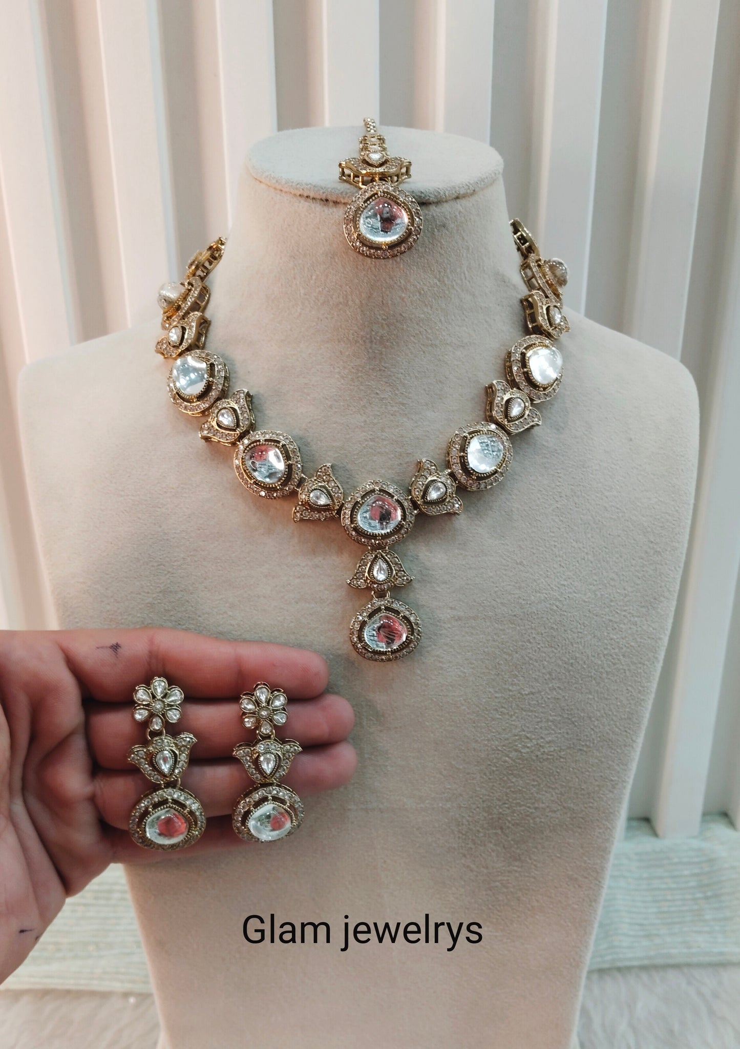White Gold Moissanite Kundan Necklace Indian Jewellery Garry Set