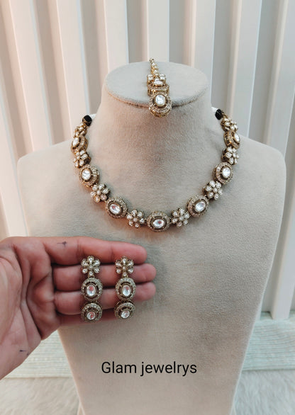 White Gold Moissanite Kundan Necklace Indian Jewellery Jordan Set