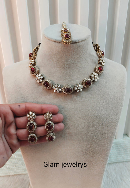 Maroon Gold Moissanite Kundan Necklace Indian Jewellery Jordan Set