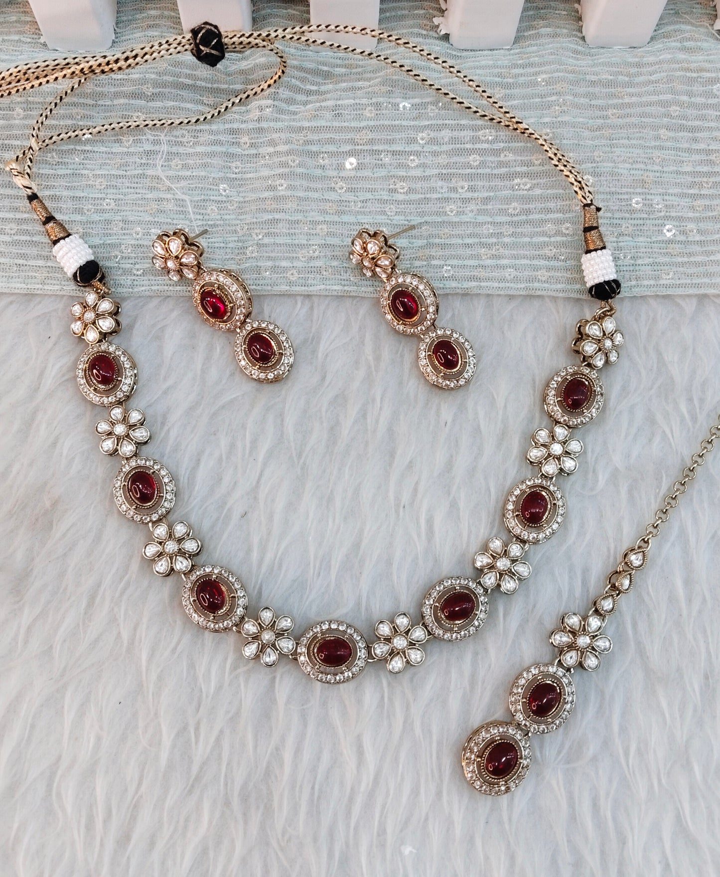 Maroon Gold Moissanite Kundan Necklace Indian Jewellery Jordan Set