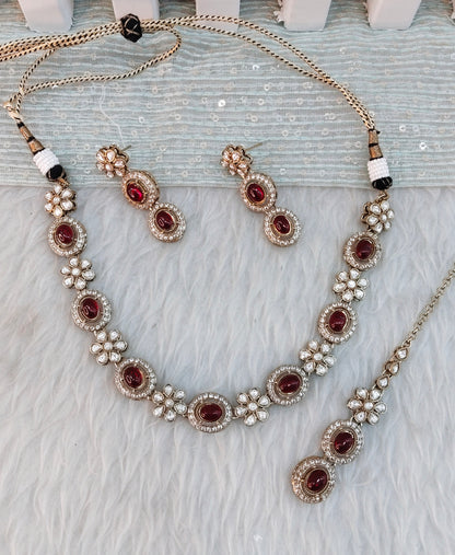 Maroon Gold Moissanite Kundan Necklace Indian Jewellery Jordan Set
