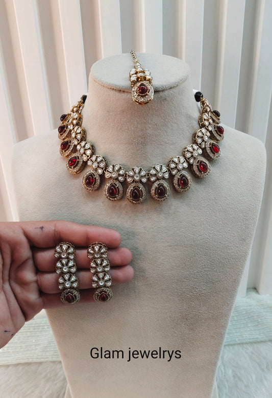 Maroon Gold Moissanite Kundan Necklace Indian Jewellery Kartar Set