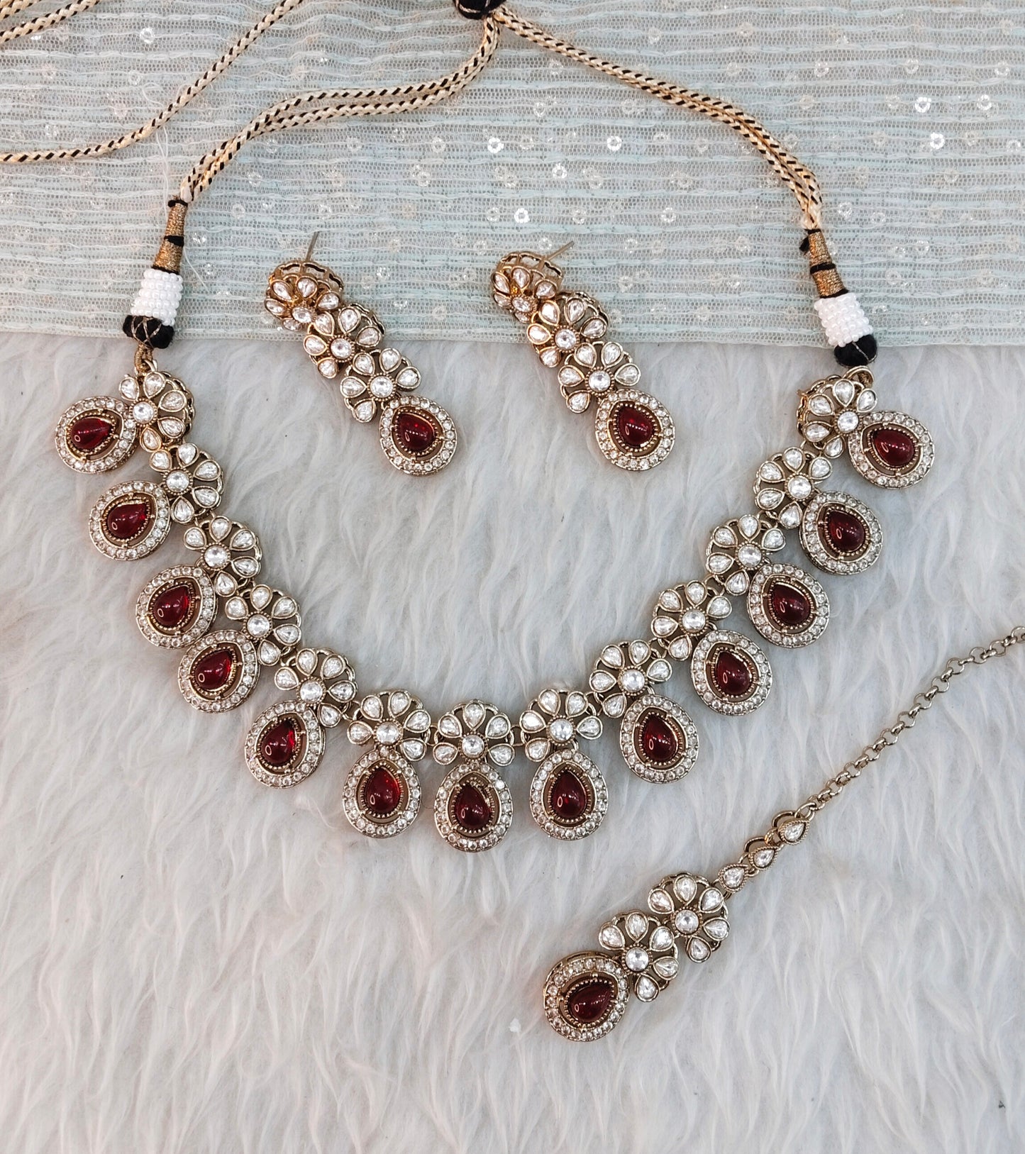 Maroon Gold Moissanite Kundan Necklace Indian Jewellery Kartar Set