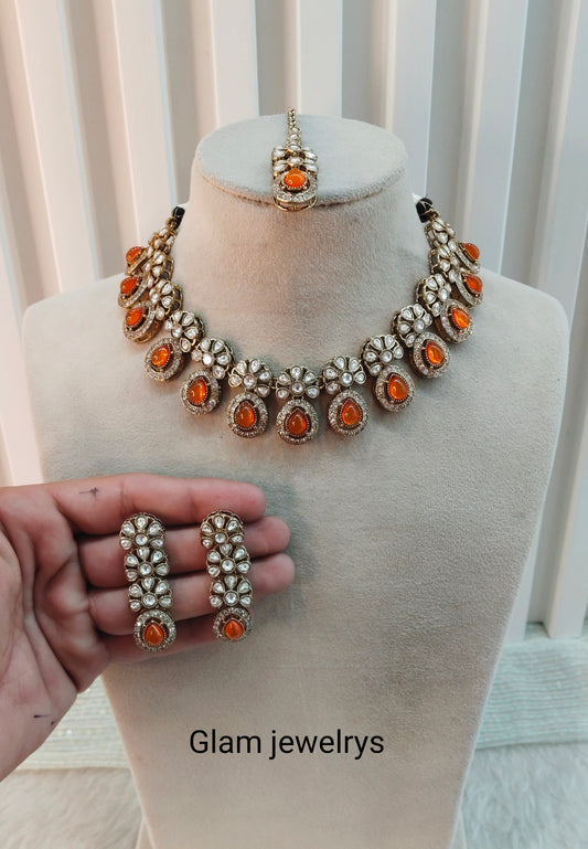 Orange Gold Moissanite Kundan Necklace Indian Jewellery Kartar Set