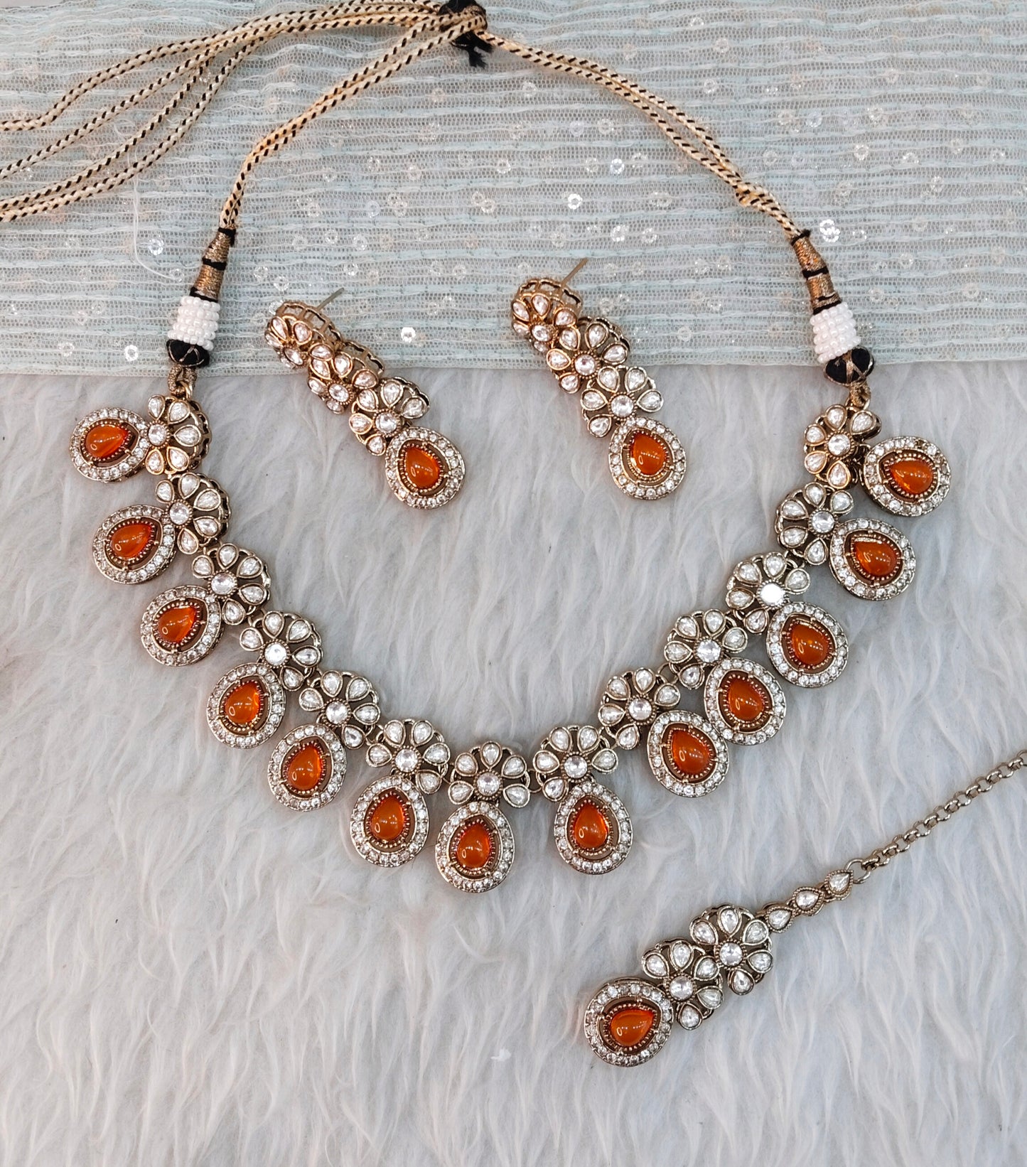 Orange Gold Moissanite Kundan Necklace Indian Jewellery Kartar Set