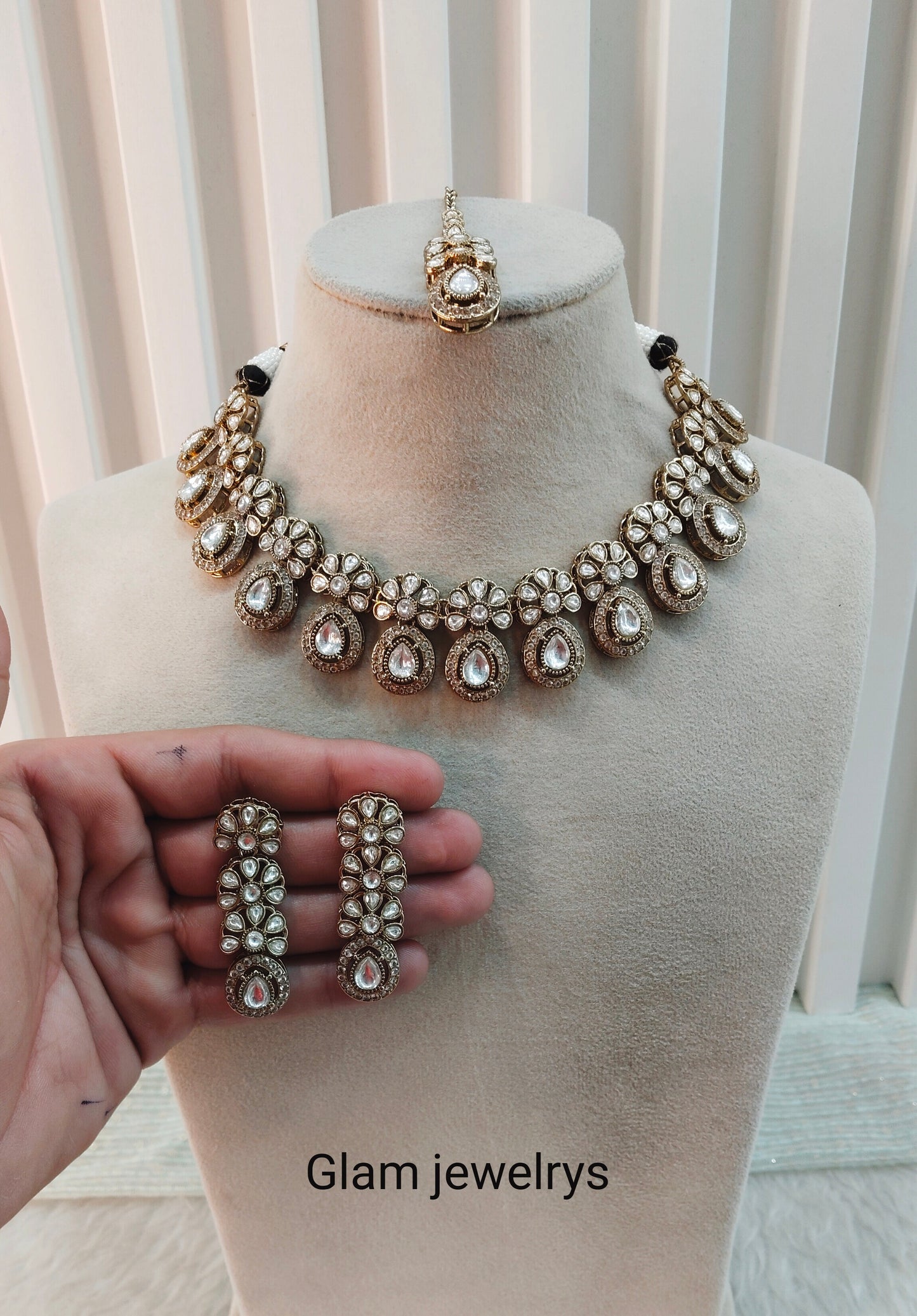 White Gold Moissanite Kundan Necklace Indian Jewellery Kartar Set