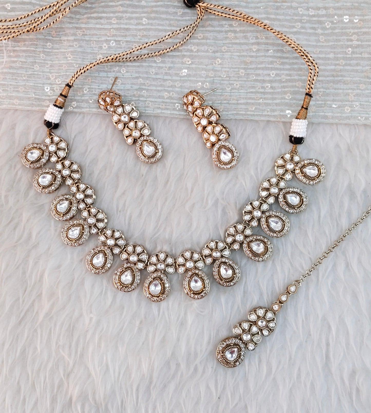 White Gold Moissanite Kundan Necklace Indian Jewellery Kartar Set
