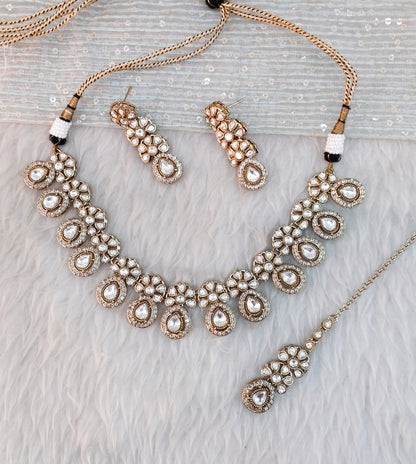 White Gold Moissanite Kundan Necklace Indian Jewellery Kartar Set