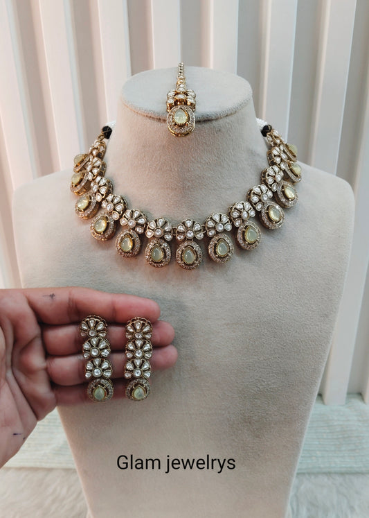 Pastel Green Gold Moissanite Kundan Necklace Indian Jewellery Kartar Set