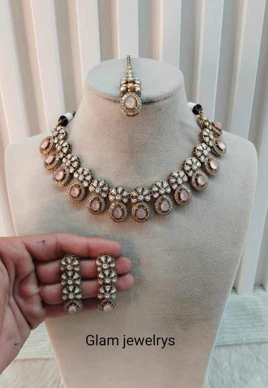 Pink Gold Moissanite Kundan Necklace Indian Jewellery Kartar Set