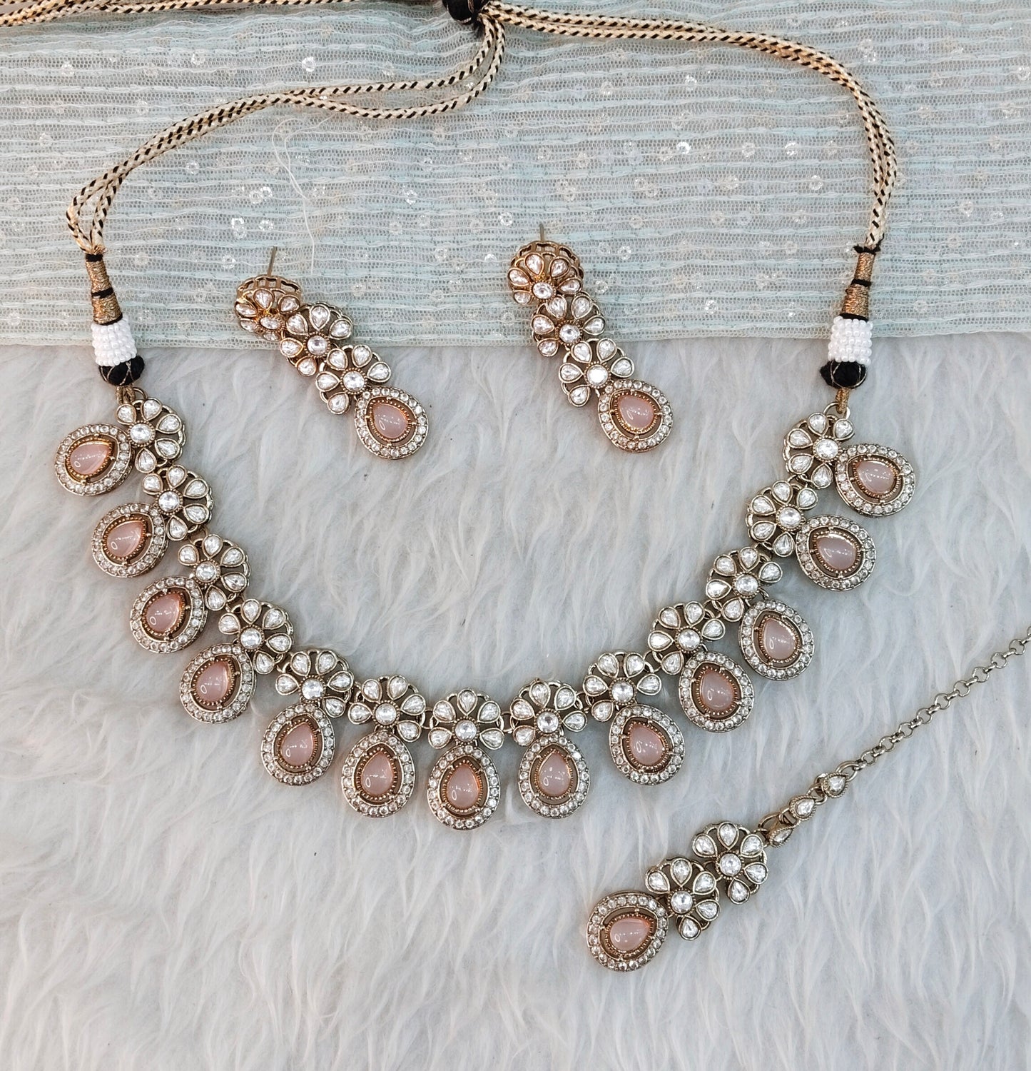 Pink Gold Moissanite Kundan Necklace Indian Jewellery Kartar Set