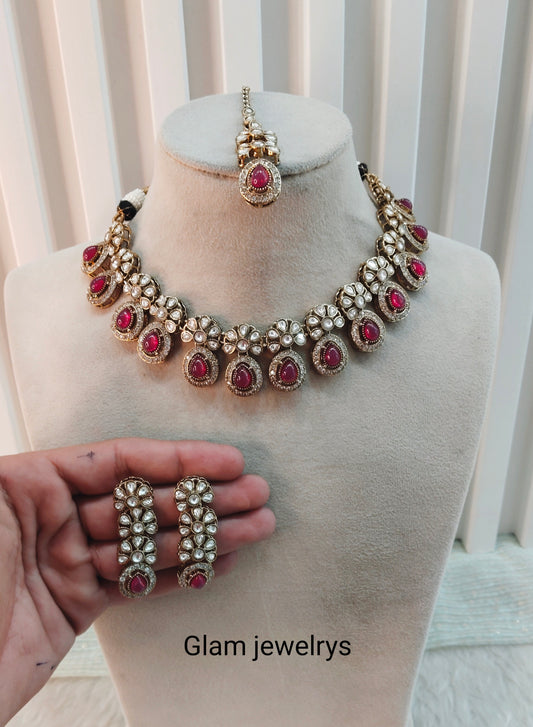 Rani Pink Gold Moissanite Kundan Necklace Indian Jewellery Kartar Set