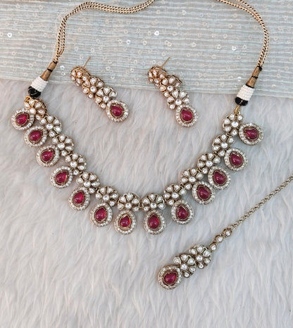 Rani Pink Gold Moissanite Kundan Necklace Indian Jewellery Kartar Set