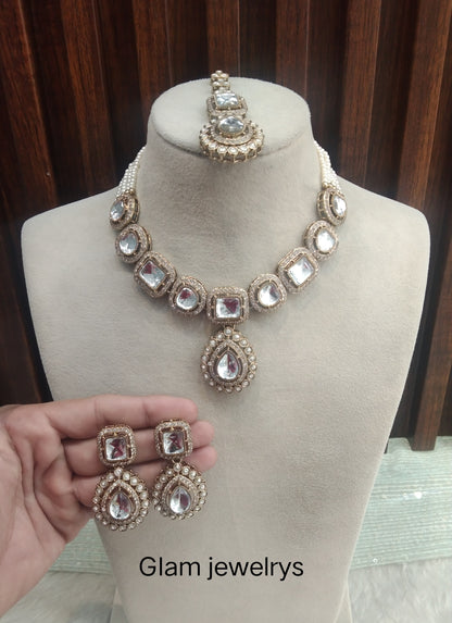 White Gold Moissanite Kundan Necklace Indian Jewellery Manddy Set