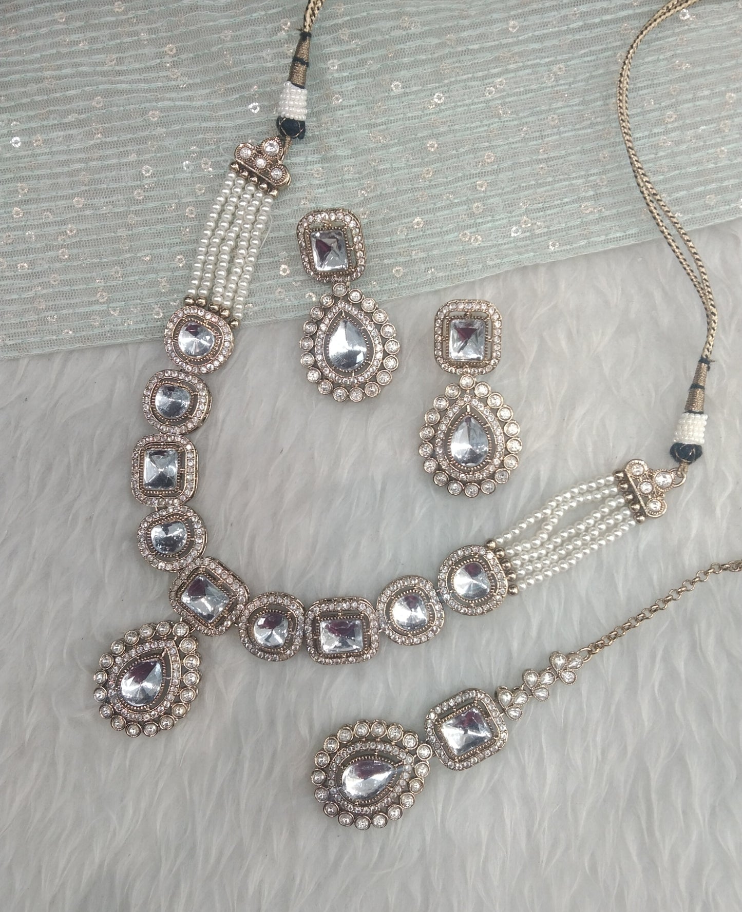 White Gold Moissanite Kundan Necklace Indian Jewellery Manddy Set