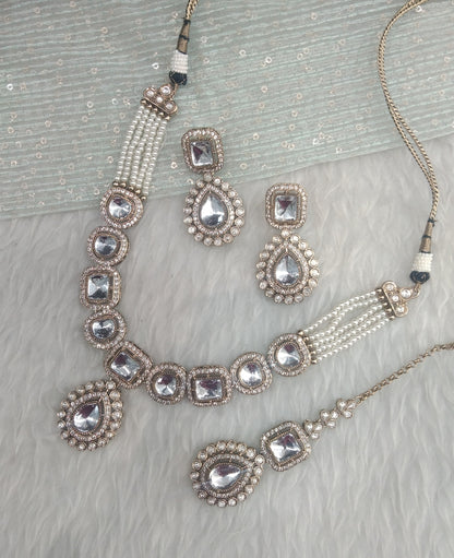 White Gold Moissanite Kundan Necklace Indian Jewellery Manddy Set