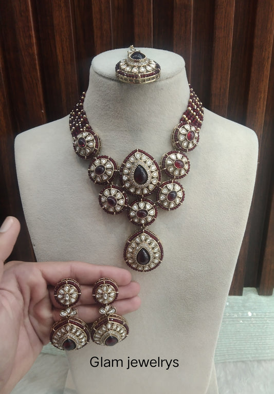 Maroon Gold Moissanite Kundan Necklace Indian Jewellery Gippy Set