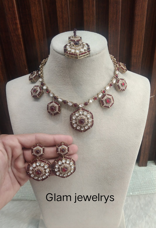 Maroon Gold Moissanite Kundan Necklace Indian Jewellery Gippy Set