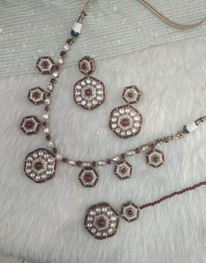 Maroon Gold Moissanite Kundan Necklace Indian Jewellery Gippy Set