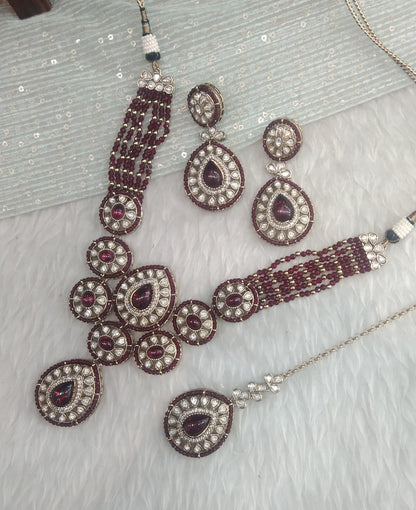 Maroon Gold Moissanite Kundan Necklace Indian Jewellery Gippy Set