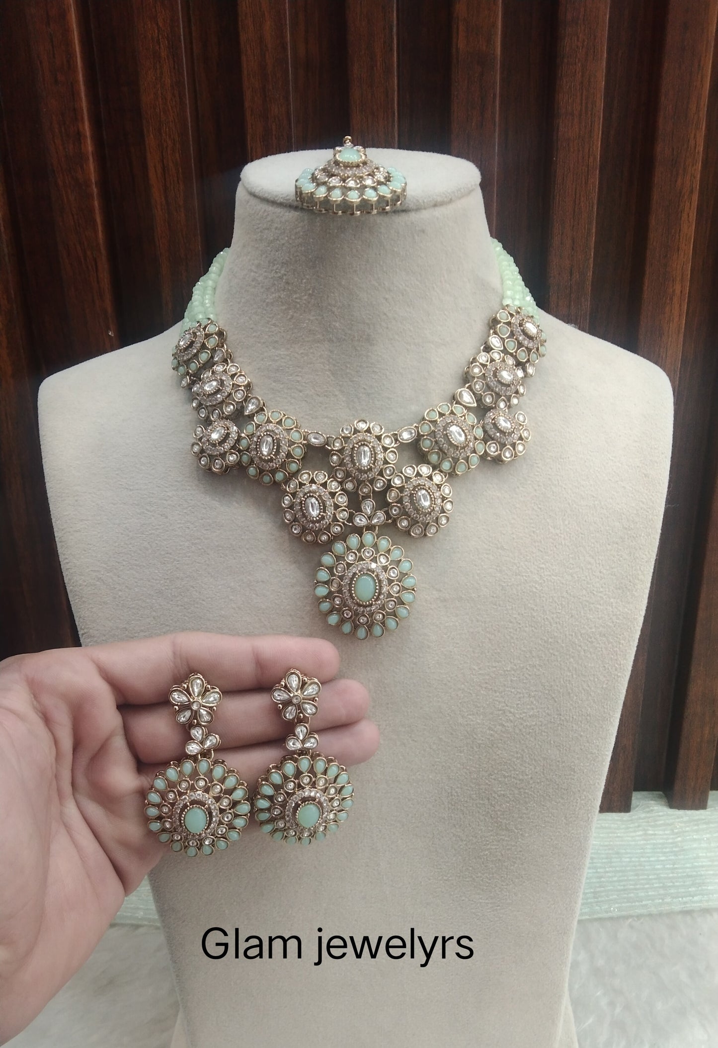 Pastel Green Gold Moissanite Kundan Necklace Indian Jewellery Manddy Set