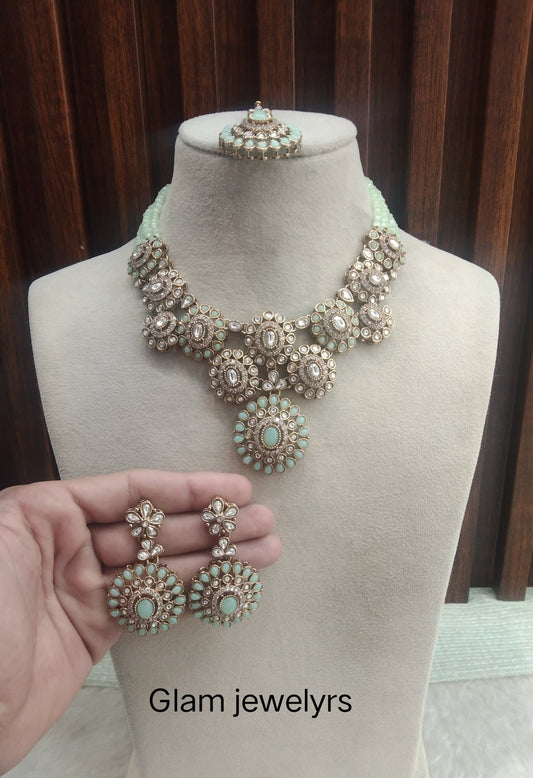 Pastel Green Gold Moissanite Kundan Necklace Indian Jewellery Manddy Set