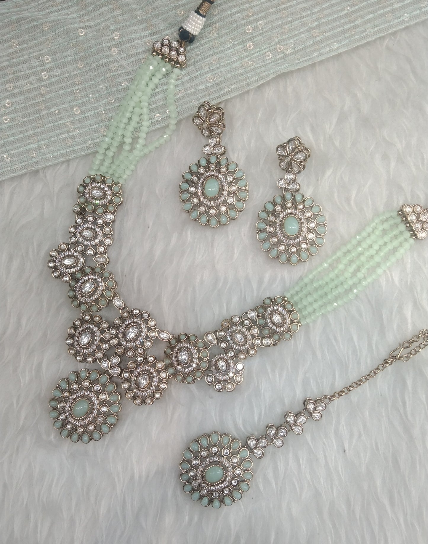 Pastel Green Gold Moissanite Kundan Necklace Indian Jewellery Manddy Set