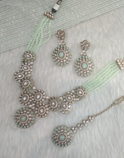 Pastel Green Gold Moissanite Kundan Necklace Indian Jewellery Manddy Set