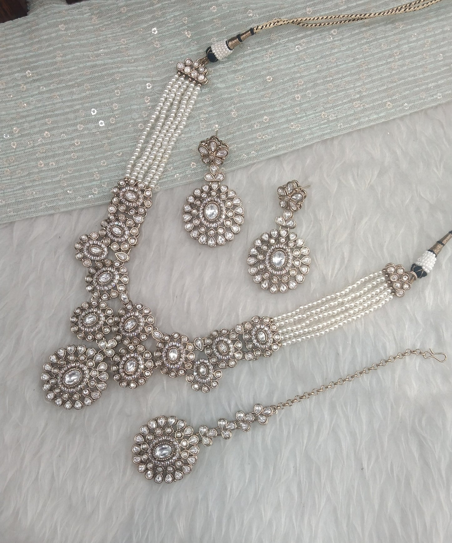 White Gold Moissanite Kundan Necklace Indian Jewellery Manddy Set