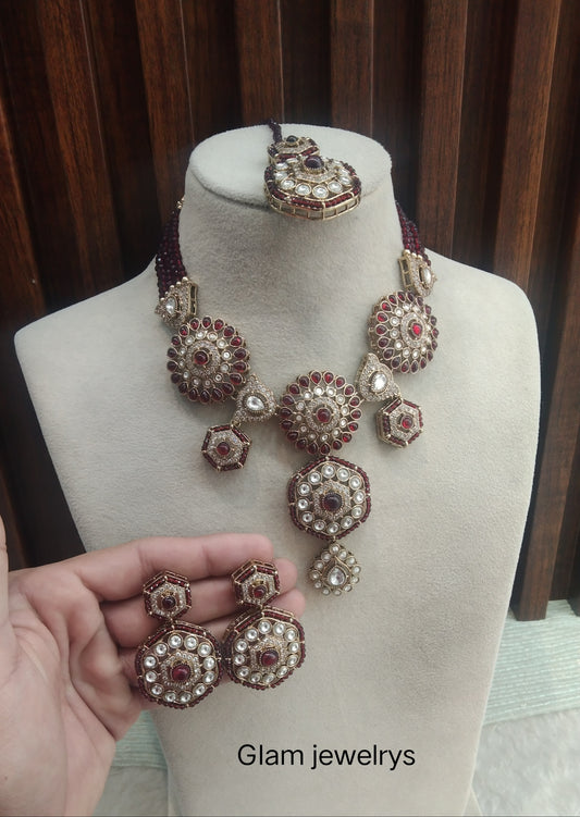 Maroon Gold Moissanite Kundan Necklace Indian Jewellery Gippy Set