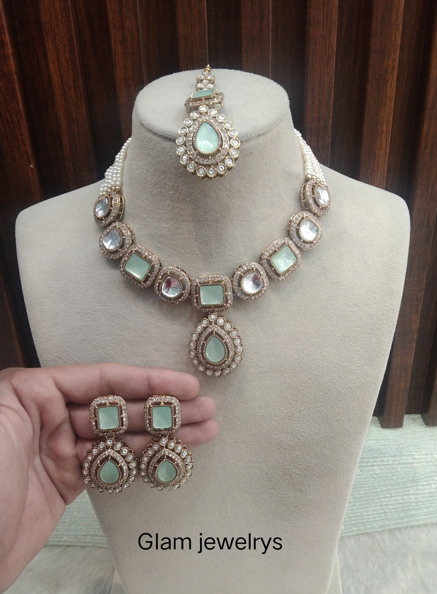 Pastel Green Gold Moissanite Kundan Necklace Indian Jewellery Manddy Set