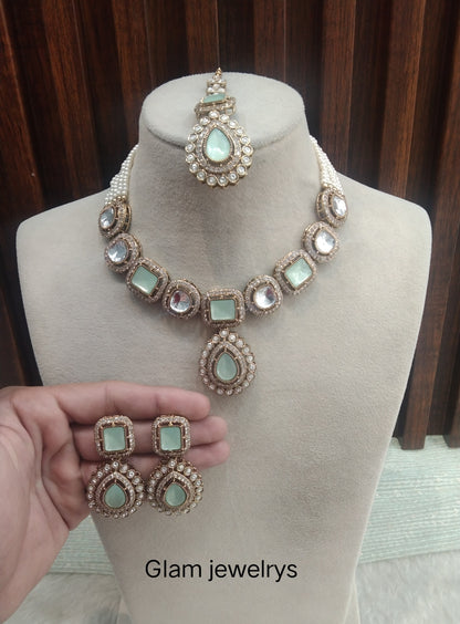 Pastel Green Gold Moissanite Kundan Necklace Indian Jewellery Manddy Set
