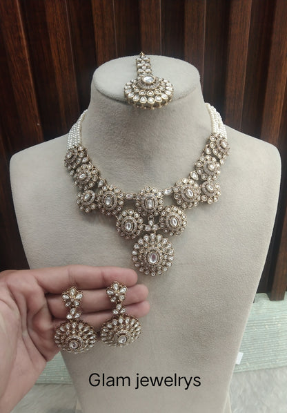 White Gold Moissanite Kundan Necklace Indian Jewellery Manddy Set