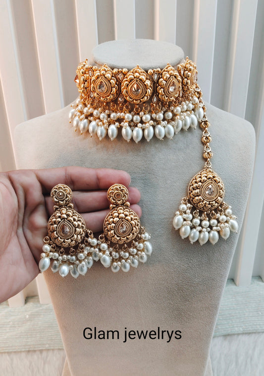 Gold White Punjabi Choker Indian Jewellery Birpal set