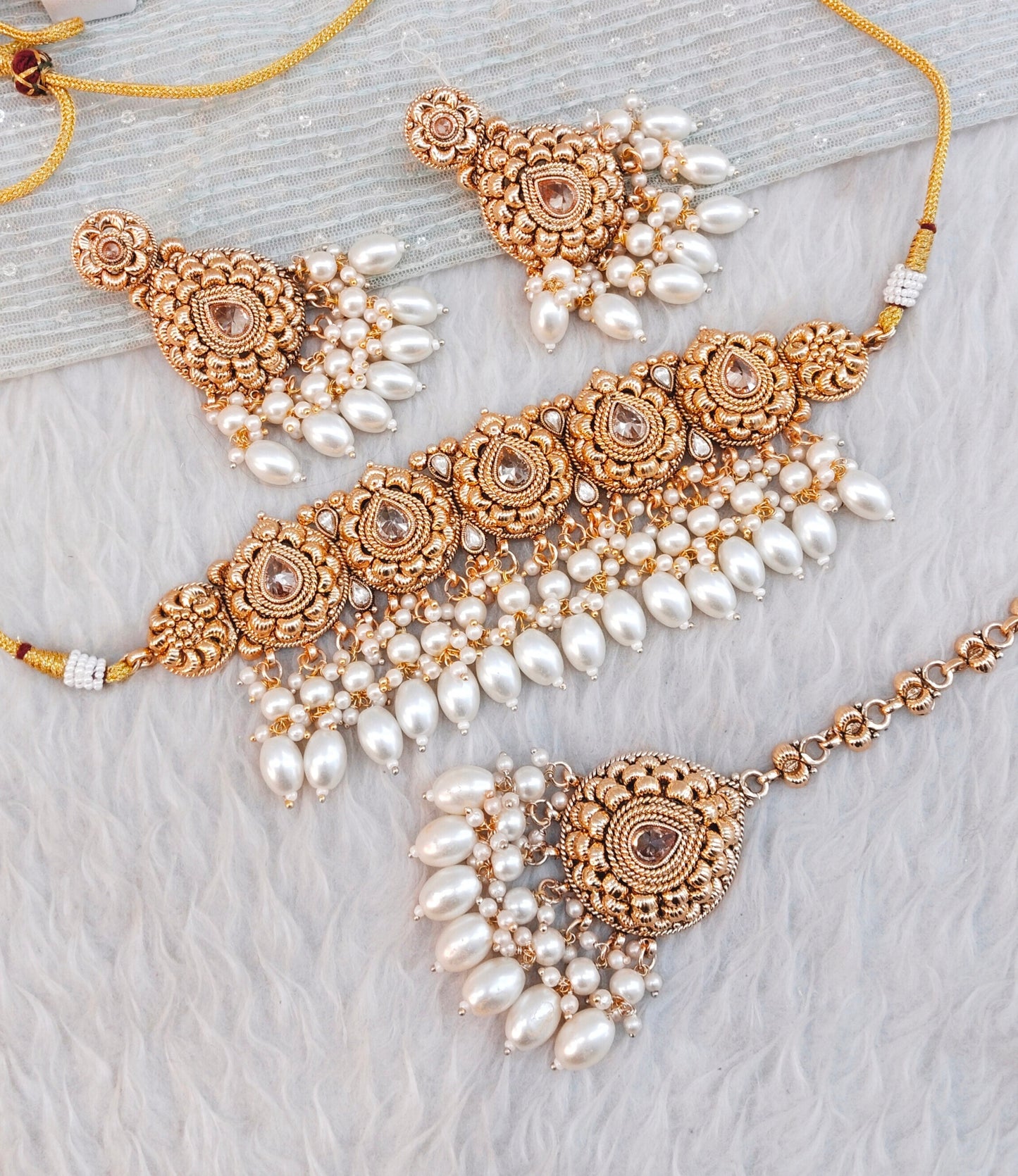 Gold White Punjabi Choker Indian Jewellery Birpal set