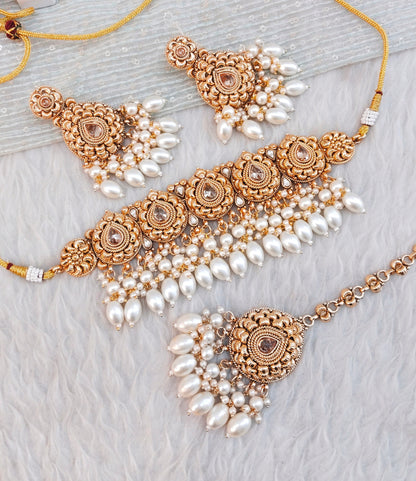 Gold White Punjabi Choker Indian Jewellery Birpal set