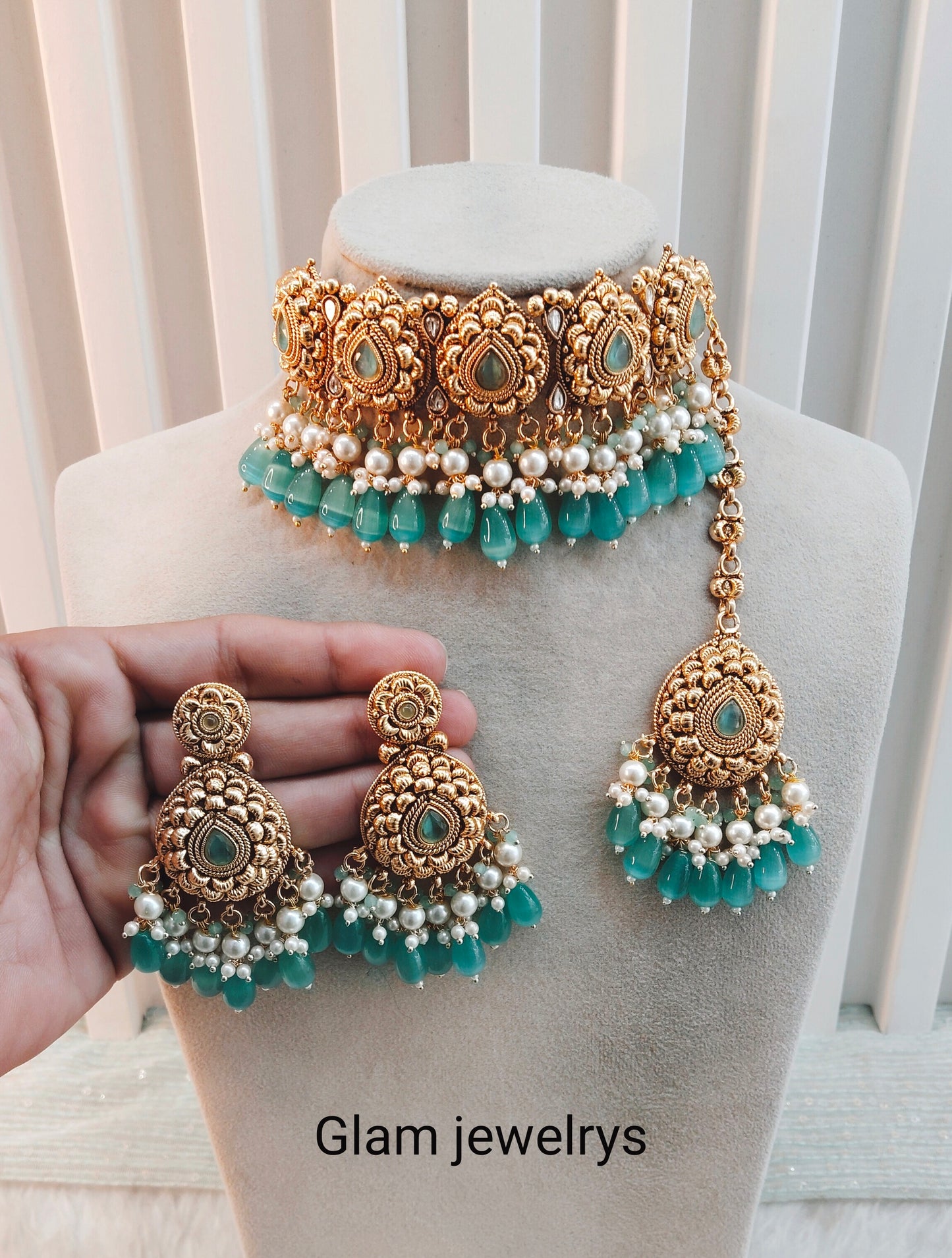 Sage Green Gold Punjabi Choker Indian Jewellery Birpal set