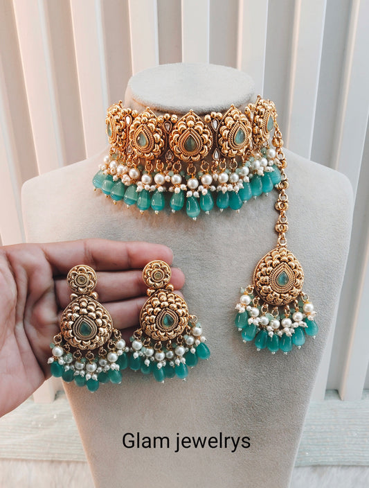 Sage Green Gold Punjabi Choker Indian Jewellery Birpal set