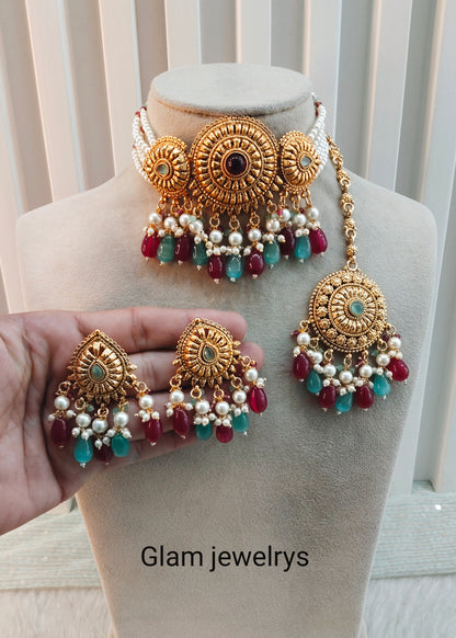 Ruby Sage Green Gold Punjabi Choker Indian Jewellery Birpal set