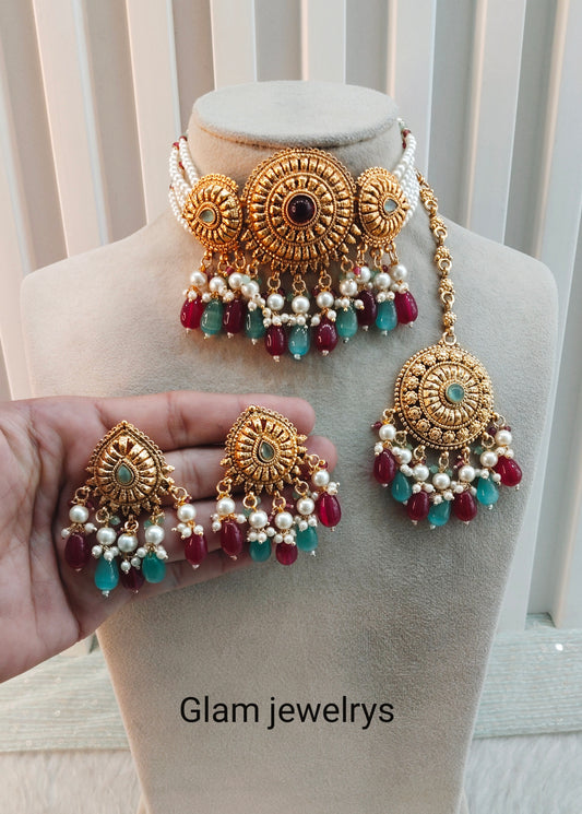Ruby Sage Green Gold Punjabi Choker Indian Jewellery Birpal set