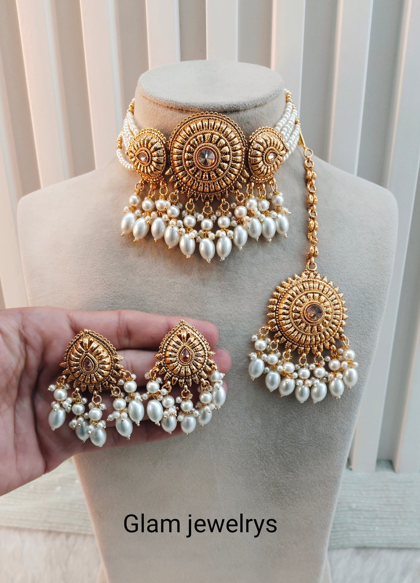 Gold White Punjabi Choker Indian Jewellery Birpal set