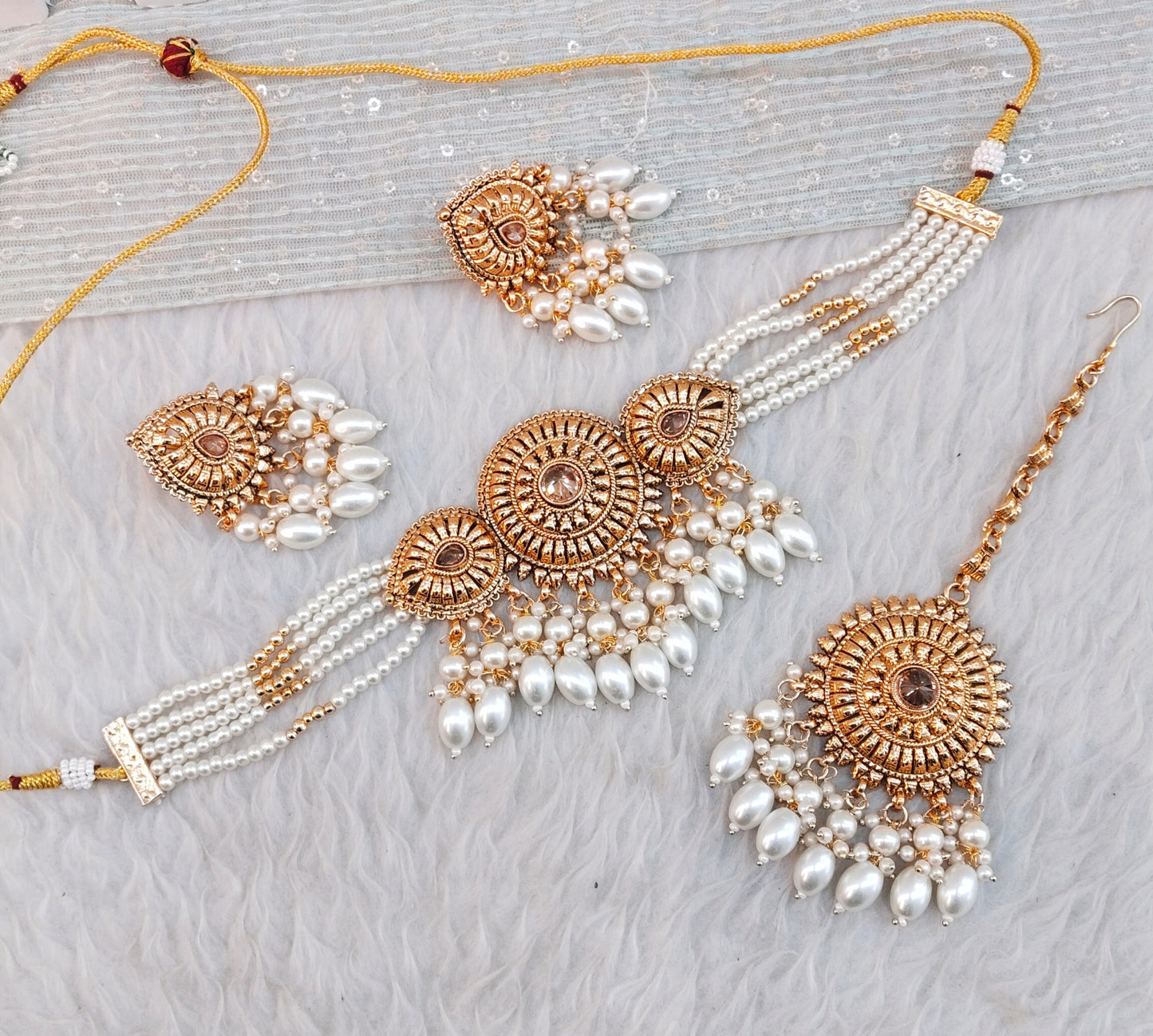 Gold White Punjabi Choker Indian Jewellery Birpal set