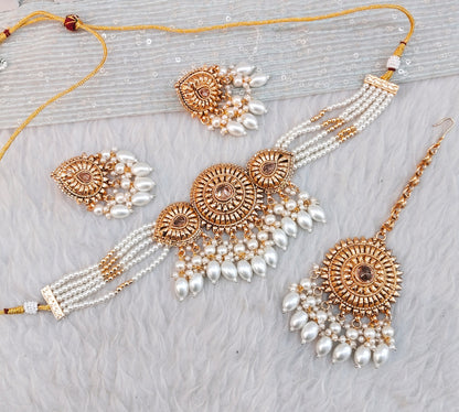 Gold White Punjabi Choker Indian Jewellery Birpal set